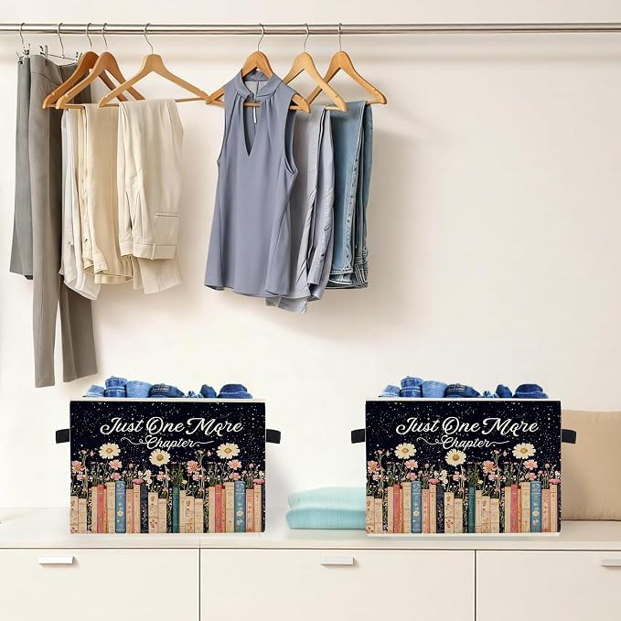Mystical Celestial Floral Bookish Storage Box Bins, Just One More Chapter Collapsible Storage Basket Organizer for Reading Nook Corner Room Library Home Clothes Books