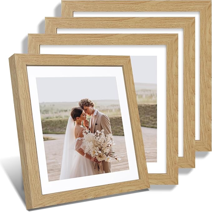 Hongkee 12x12 Picture Frame Set of 4 - Made of Glass and Natural Oak Wooden Frame, Display Square Pictures 10x10 with Mat or 12 x 12 without Mat, Desktop & Wall Collage Photo Frame