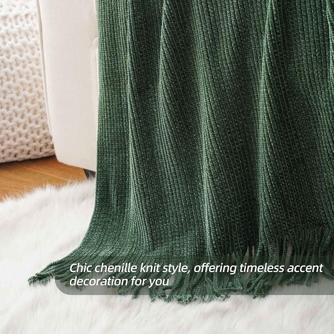 BATTILO HOME Dark Green Throw Blanket for Couch, 60"x80" | Soft Chenille Knit Throw Blanket with Tassels for Christmas Decor, Christmas Green Blanket for Bed Couch Cover