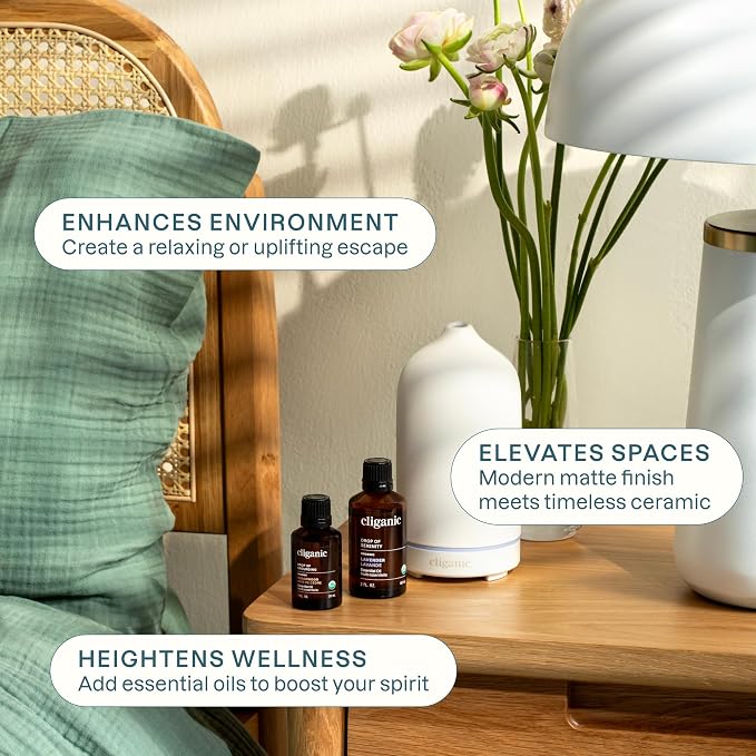 Cliganic Ceramic Diffuser (White), 100ml Ultrasonic for Essential Oils Aromatherapy, Home & Office