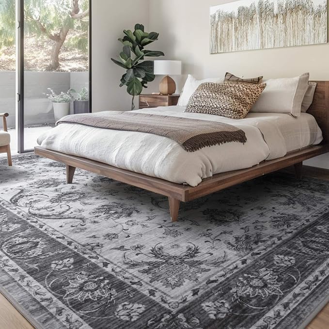 8x10 Ft Extra Large Washable Area Rugs for Living Room, Thin Floral Vintage Print Rug Non Slip Carpet for Bedroom Dining Room Kidsroom Home Decor (Grey)