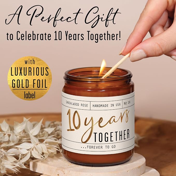 10 Year Gift for Anniversary for Wife - '10 Years Later' Soy Candle, w/Sandalwood Rose - Infused w/Essential Oils I 10th Anniversary Wedding Gift for Wife I 50Hr Burn I USA Made