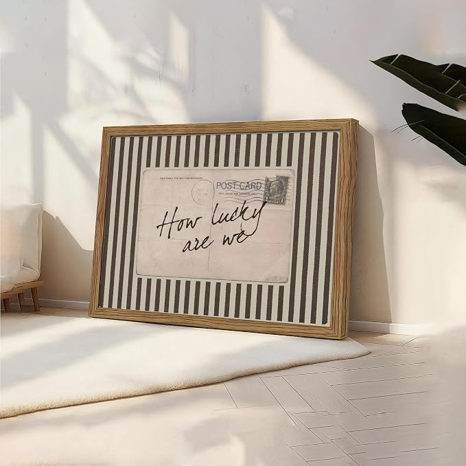 Framed How Lucky Are We Wall Art, Vintage Preppy Inspirational Canvas Wall Decor Painting, Funky Stripe Postcard Quote Poster Print Picture for Bedroom Dorm Apartment Decor 16x24 Inch