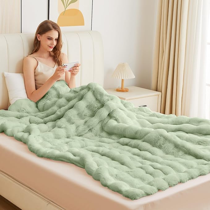 ORINOVA Sage Green Throw Blanket for Couch, 50x60 Ultra Soft Faux Rabbit Fur, Fuzzy Fluffy Plush Bubble Texture, Cozy Warm Reversible Sofa and Bed Cover, Living Room Decor, Gifts for Women