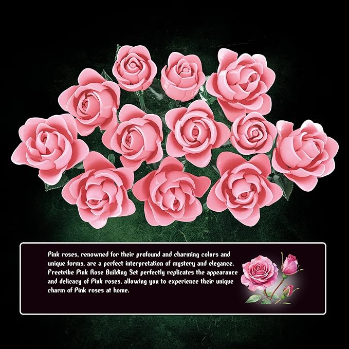 Pink Rose Bouquet Building Set, Compatible with Lego Flowers for Adults - Botanical Collection Gift for Halloween & Valentines - Artificial Plant Home Decor