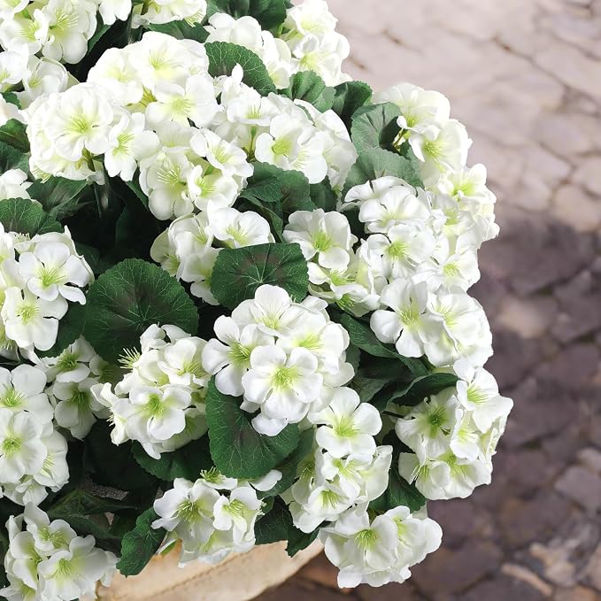 Hananona 12 Pcs Artificial Geranium Flowers for Outdoors Geranium White Silk Flowers Outdoor UV Resistant Garden Plants Faux Flowers for Home Kitchen Table Centerpieces Decor (12, White)
