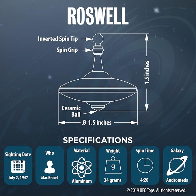 UFO Tops Roswell - Metal Spinning Fidget Top - Inspired by The Documented 1947 UFO Sighting in Roswell, New Mexico (Color: Midnight Black)