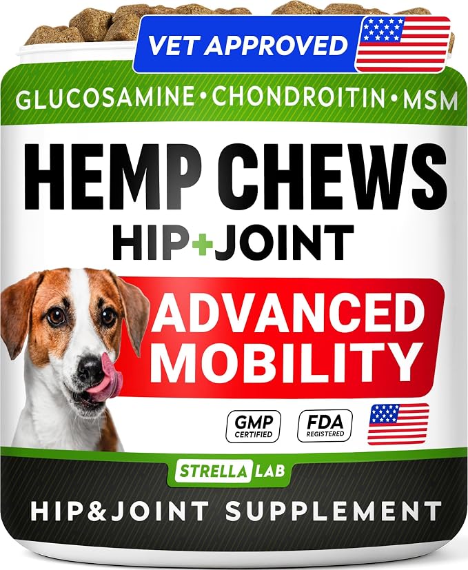 Advanced Hemp + Glucosamine Dog Joint Supplement - Hip Joint Pain Relief - Mobility Chews for Dogs - Chondroitin, MSM, Omega - Made in USA - Lamb Flavor - 120 Hemp Treats