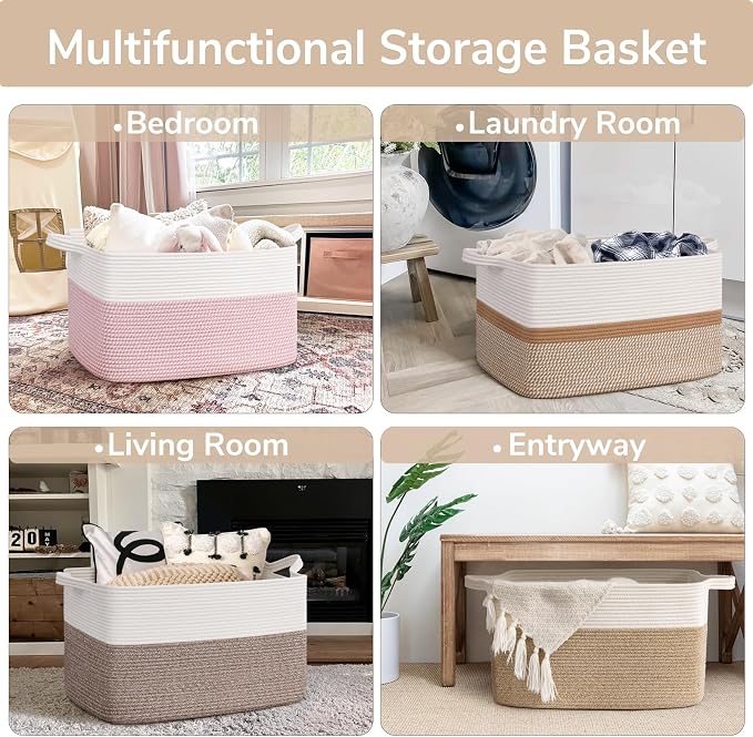 Goodpick Large Woven Rope Blanket Basket, Rectangle, White & Camel Mix | 21.6'' x 14.9'' x 11.8'' Storage Basket for Blankets & Toys, Living Room, Bedroom & Nursery Organization, Home Decor