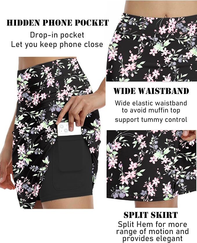 COOrun Women's 20" Knee Length Skirts High Waisted Golf Skorts with Pockets | Soft, Quick Dry, Split Hem, Built-in Shorts, A-line, Modest Skirts, for Golf Athletic Tennis Work Casual