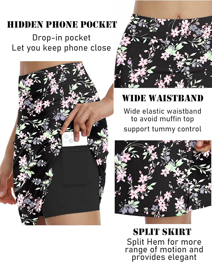 COOrun Women's 20" Knee Length Skirts High Waisted Golf Skorts with Pockets | Soft, Quick Dry, Split Hem, Built-in Shorts, A-line, Modest Skirts, for Golf Athletic Tennis Work Casual