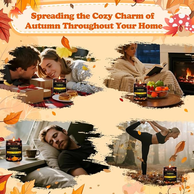 Fall Candle Set – 4 Pack Autumn Seasonal Candle Gift - Scent of Autumn Leaves & Apple Pie,Cinnamon,Pumpkin, 28oz Soy Candles for Home Scente, Christmas Cozy Winter Gifting