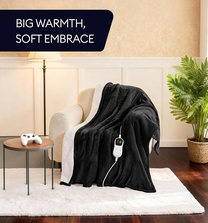 Heated Blanket Electric Throw 50"x60" – Safe Electric Heating Blanket with Auto Shut-Off & Overheat Protection, 10 Heat Settings, Washable Heated Throw for Couch, Bed, Office & Dorm, Charcoal Black