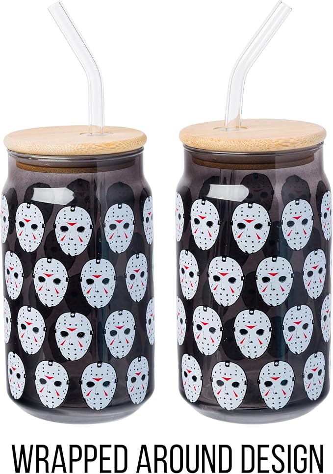 Silver Buffalo Friday the 13th Featuring Jason Vorhees Glass Jar Tumbler with Bamboo Lid and Glass Straw, 16 Ounces