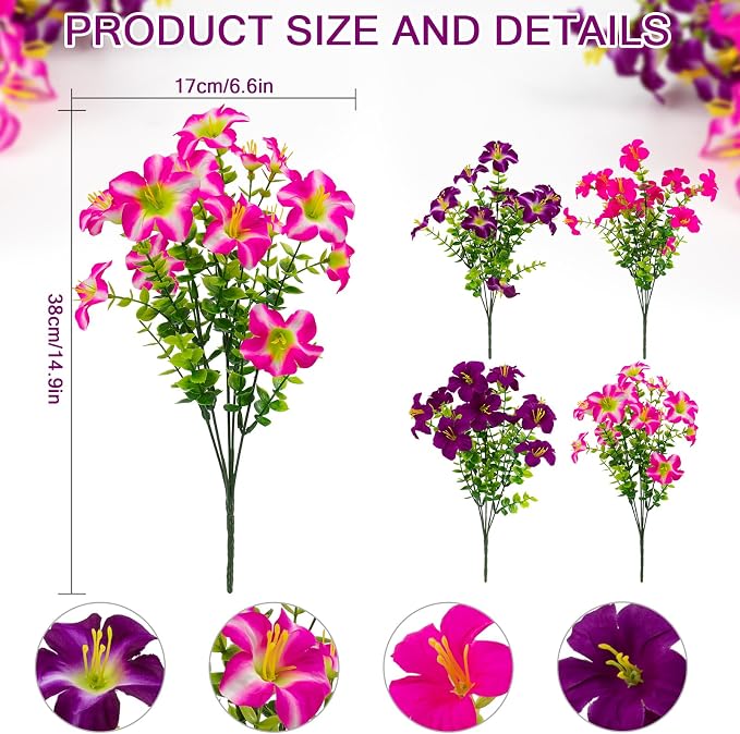 2 Set Artificial Outdoor Petunias Flowers with Hanging Baskets, 24 Pcs UV Resistant Faux Petunias Flowers with Hanging Planter for Front Door Porch Spring Outside Decor (2, RoseRed,RedViolet)