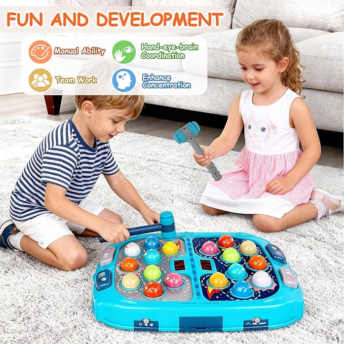 Whack Game Mole for Toddlers, Toys for 3-12 Year Old Boys Girls, Pounding Toys for Age 3-8, Birthday Gifts for 3 4 5 6 7 8+ Year Old Boys Kids, Educational Toy with Sound,Light,PK Mode with 2 Hammers