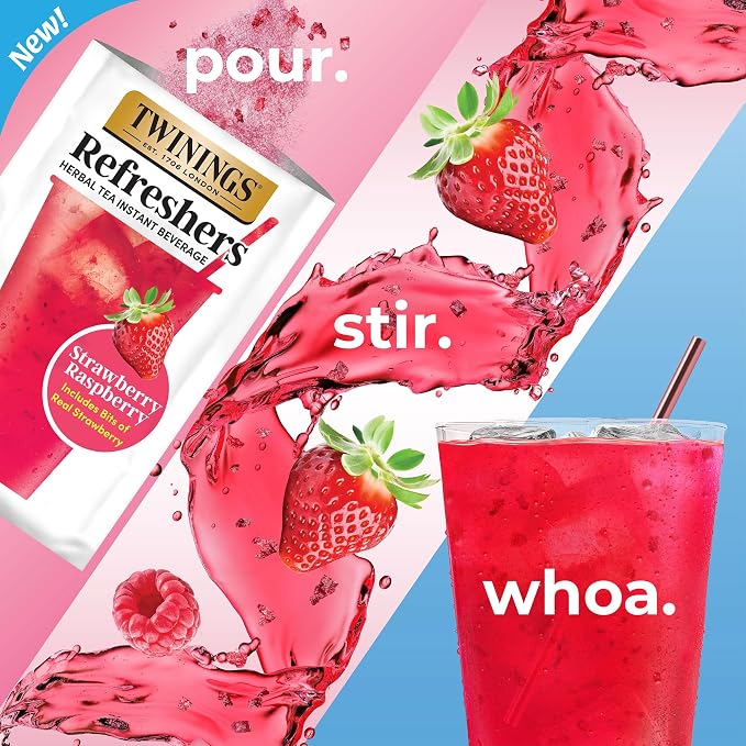 Twinings Strawberry Raspberry Refreshers, Herbal Tea Instant Beverage with Real Strawberry Fruit Bits, 5 Count (Pack of 1), Café Style, No Artificial Sweeteners, Naturally Caffeine-Free, 5 Packets