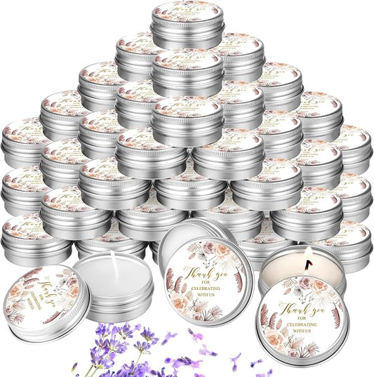 MTLEE 50 Pcs Boho Beige Floral Wedding Candles Gift Favors for Guests 1 Oz Lavender Scented Soy Wax Aromatherapy Candle Favors for Bridal Shower Rustic Wedding Party Guests(Vivid Flower)