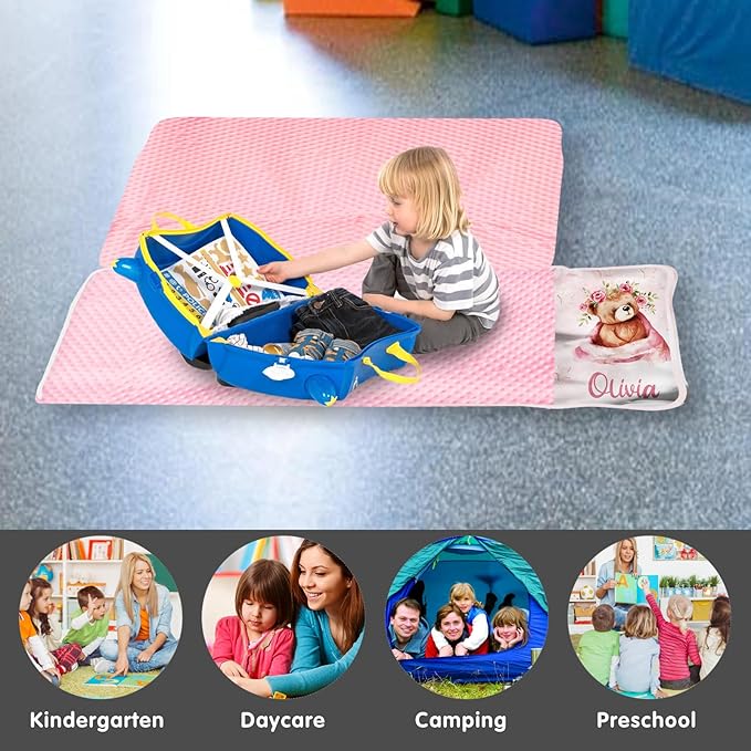 Personalized Toddler Nap Mat for Girls – Custom Name Kids Nap Mat – Daycare Sleeping Mats with Removable Pillow and Soft Minky Dot Blanket for Preschool, Travel, Kindergarten