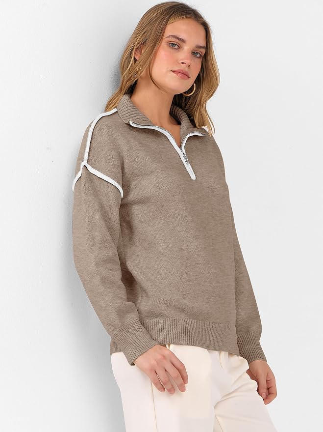 ANRABESS Womens Quarter Zip Sweaters Fall Long Sleeve V Neck Shirts Collared Business Casual Tops Knit Pullover Sweatshirts