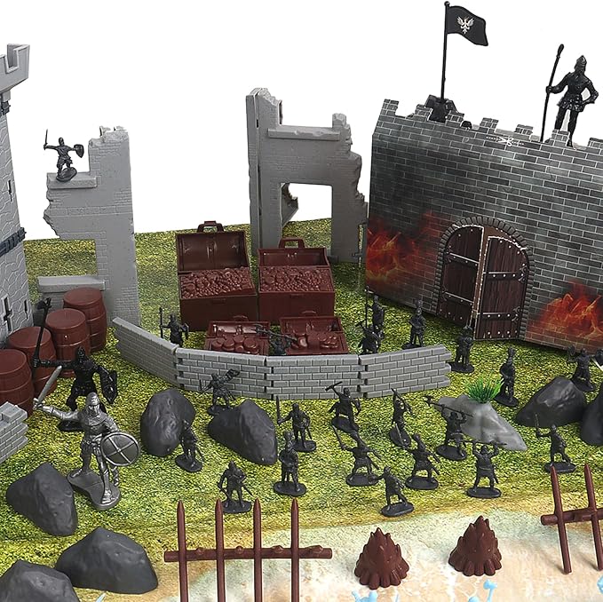 Medieval Castle Knight Toy Soldier Figures Army Men Toys, The Medieval Times Middle Ages DIY Castle Building Toy Piracy Knight Action Figurines with Storage Bag,2 Dragons, 2 Bridges, 1 Map