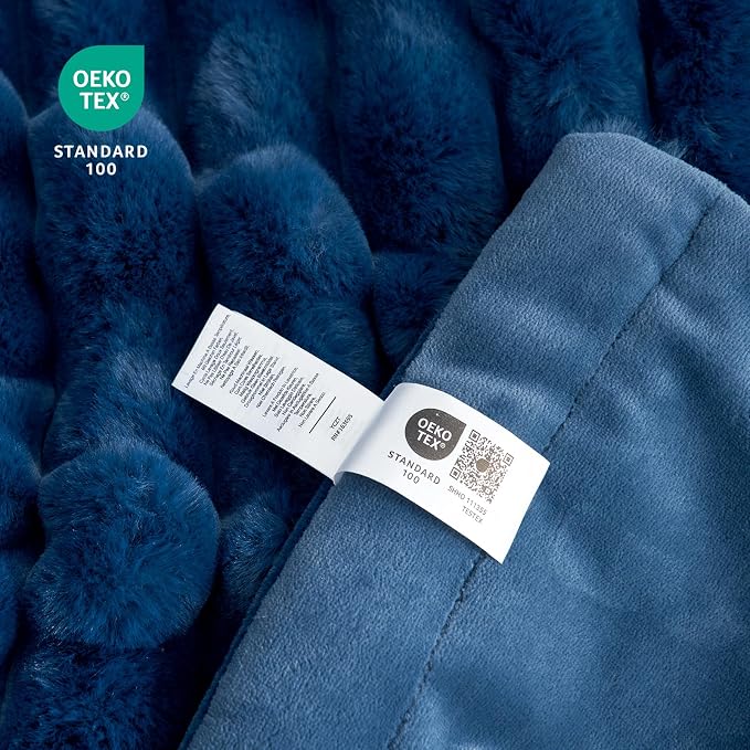 Cozy Bliss Faux Fur Throw Blanket for Couch, Cozy Warm Plush Striped Blanket for Sofa Bedroom Living Room, 108 * 90 Inches Navy Blue