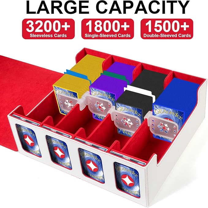 GEAoffice Trading Card Storage Box with Commander Display, 3200+ Card Deck Case with Magnetic Removable Lid, 4-Row Deck Box for MTG/TCG/Sports/Games, 10 Stoppers, 24 Dividers, 1 Dice Tray, White Red