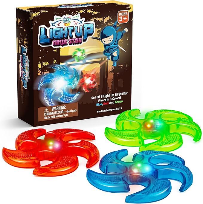 PICK A TOY Light Up Ninja Flyers Set, 3 LED Electronic Stars, Heavy Duty Rubber Throwing Discs, Fun and Interactive Kids Toys for Tossing, Games, and Play, 3 Colors, Includes Gift Box