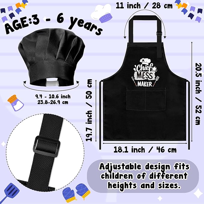R HORSE Kid Apron and Chef Hat Set - 2Pcs Black Chief Mess Maker Adjustable Children Kitchen Toddler Apron with Pockets, Pretend Play Toy Birthday Christmas Gift for Kids Cooking Baking Painting