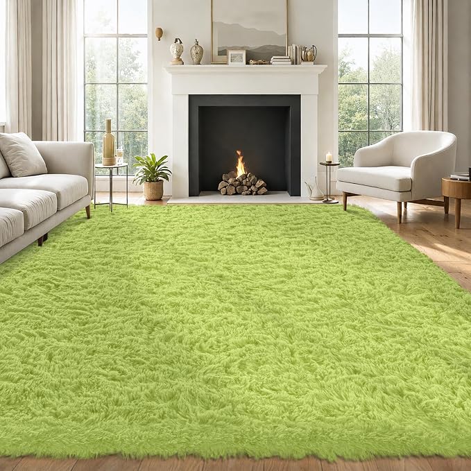 8x10 Area Rug for Living Room:Ultra Soft Fluffy Shag Light Green Rugs,Large Fuzzy Plush Indoor Non Slip Carpet Washable Rug for Bedroom Kids Nursery Office Dorm Modern Decor(Grass Green 8'x10')