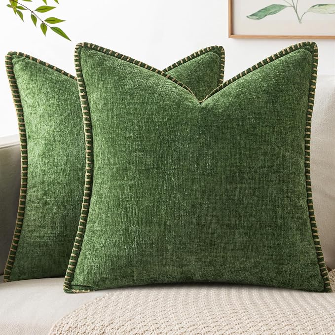 MIULEE Decorative Euro Sham Pillow Covers 26x26 Inch Forest Green 2 Pack | Farmhouse Throw Pillow Covers with Stitched Edge, Soft Chenille Cushion Cases, for Couch Sofa Bed Home Decor, Moss Green