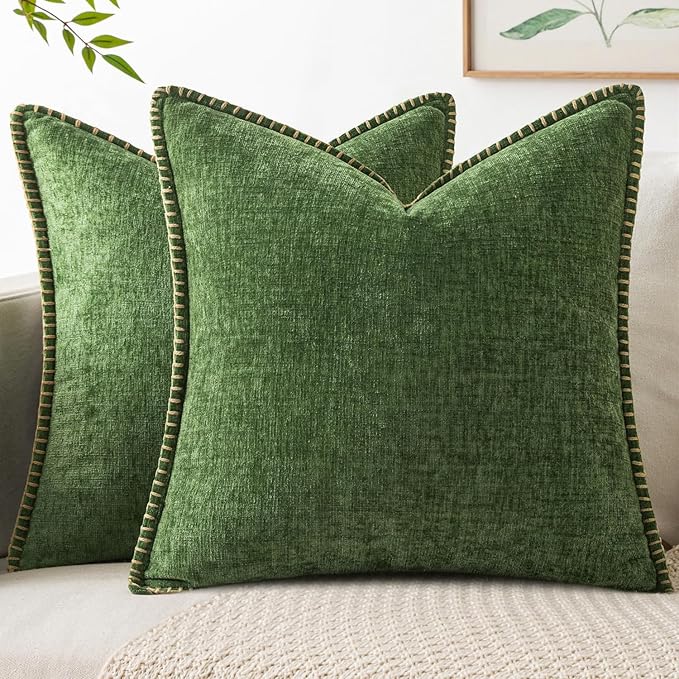MIULEE Decorative Couch Throw Pillow Covers 20x20 Inch Forest Green 2 Pack | Farmhouse Pillow Covers with Stitched Edge, Soft Chenille Cushion Cases, for Sofa Bed Living Room Home Decor, Moss Green