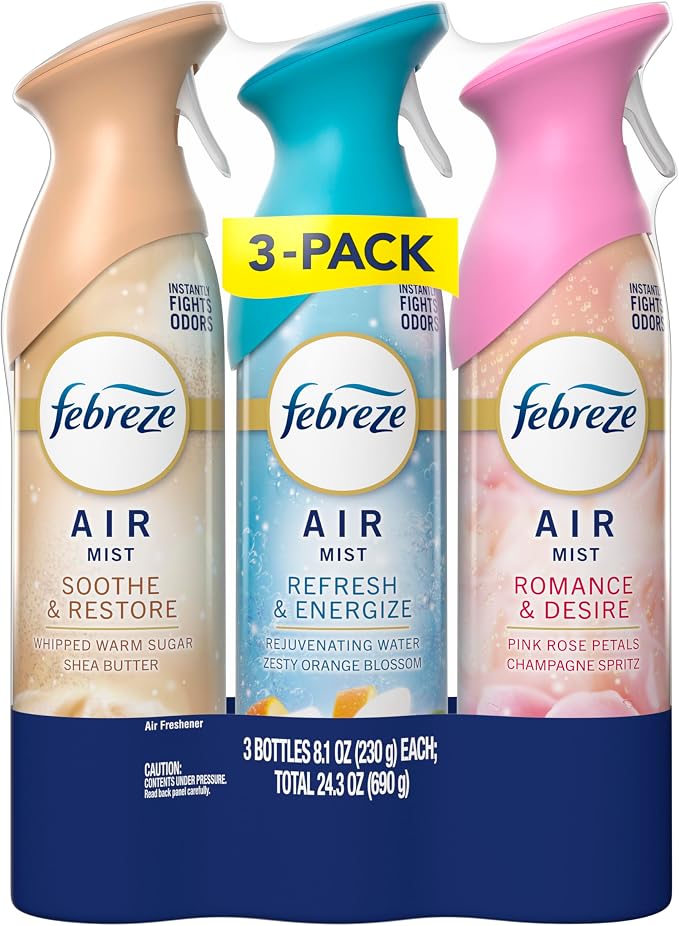 Febreze Air Mist, Air Freshener, Odor Fighting Room Spray, Deodorizer for Home Bathroom Kitchen Office Apartment, Soothe & Restore, Refresh & Energize, Romance & Desire Variety Pack, 8.1oz (Pack of 3)