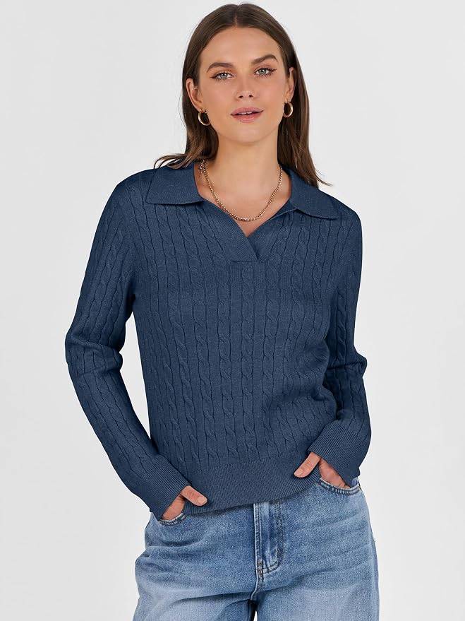 ANRABESS Womens Cable Knit Sweaters Long Sleeve V Neck | Pullover Collared Sweater Tops, Polo Knit Shirts, Business Casual Work, Tennis Golf, Fall Winter Fashion Outfits