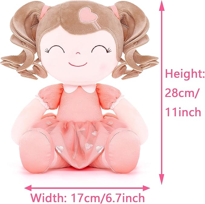 Gloveleya Personalized Baby Girl Gifts – Soft Plush Rag Doll with Name Embroidery, Curly Hair Orange Heart Dress, 16 Inches Cute Companion for Kids, Birthday