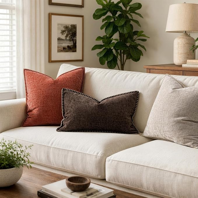 MIULEE Decorative Lumbar Throw Pillow Covers 12x20 Inch Dark Brown 2 Pack | Farmhouse Pillow Covers with Stitched Edge, Soft Chenille Cushion Cases, for Couch Sofa Bed Living Room Home Decor