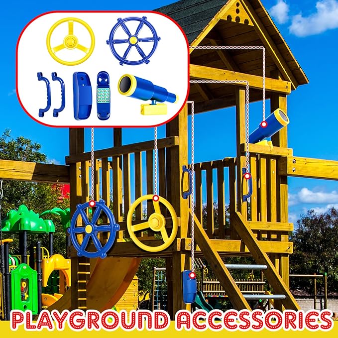 Playground Accessories Backyard Pirate Plastic Ship Playset Plastic Playground Equipment Set with Ship Wheel, Telescope, Safety Handlestoy Phone for Outdoor Playhouse Treehouse Playset(Blue, Yellow)