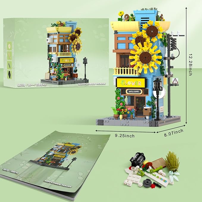 Flower House Building Set - Street View City Town Flower House Collection Kit - Home Decor Modular Building Block Kit for Adults and Teens (1580Pcs)