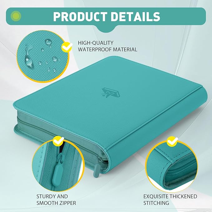 Trading Card Binder 9 Pocket - 180 Cards Capacity, Side Loading Card Album with Zipper Closure, Card Collection Holder for TCG, Game Cards, Sports Cards, Yugioh（Turquoise）