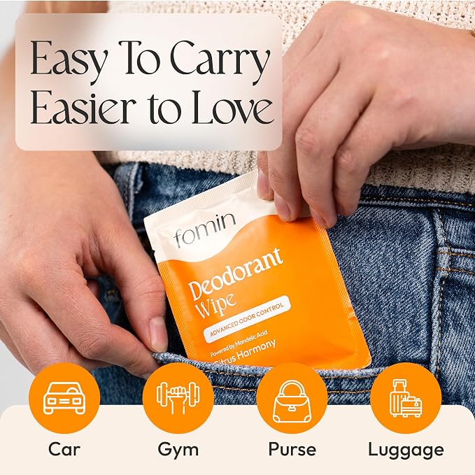 FOMIN Acidified Travel Deodorant Wipes for Women & Men - 15 Count - Citrus Harmony - pH Balanced, Mini Deodorant Travel Size Wipe - Plastic-Free, Individually Wrapped Underarm Body Wipes