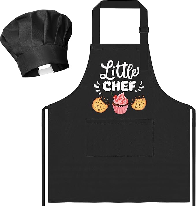 R HORSE Kid Apron and Chef Hat Set - 2Pcs Black Little Chef Adjustable Children Kitchen Toddler Apron with Pockets for Kids, Funny Dress up Pretend Play Toy Birthday Gift for Cooking Baking Painting