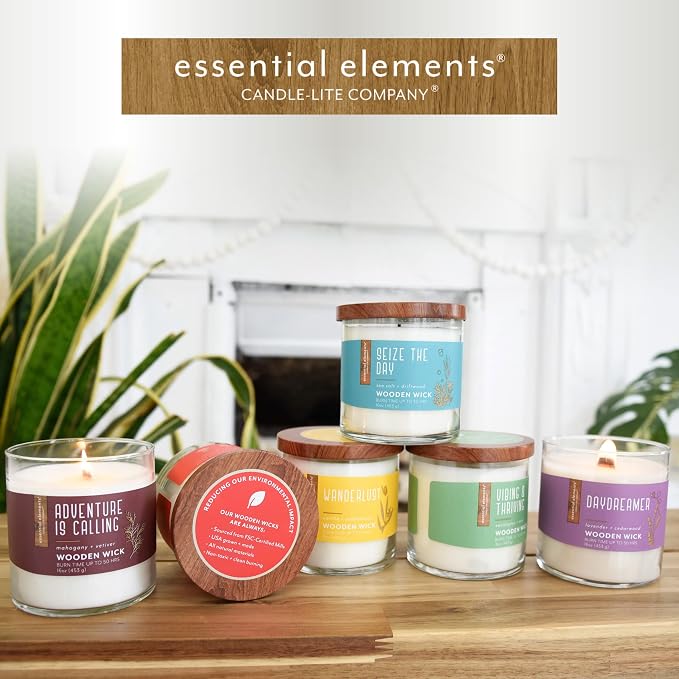 Essential Elements by Candle-Lite Company Wood Wick Scented Candle, Vibing & Thriving, One 16 oz. Single-Wick Aromatherapy Candle with 50 Hours of Burn Time, White