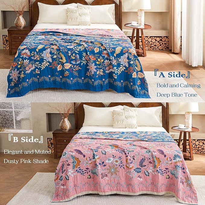 XIBLC Fall Throw Blanket for Couch, Blue Boho Decorative Throw Blanket, 100% Cotton Muslin Breathable Woven Farmhouse Blankets Quilt, 80"x90" Reversible Lightweight Blankets Bohemian Throw Quilt