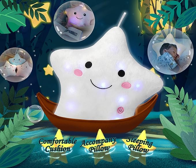 DearSun Set of 2pcs, 13'' Creative Twinkle Star Colorful Night Light Plush Pillows Light up Night Stuffed Toys Perfect for Birthday Christmas Holiday Valentines(Yellow+White)