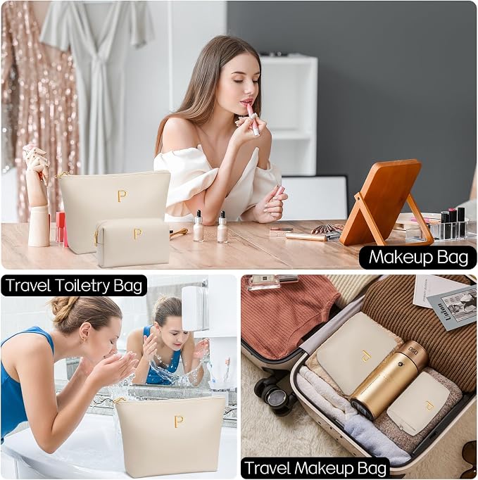 Women Gifts | Initial Makeup Bag for Girl Personalized Gifts for Bridesmaid Friend PU Leather Cosmetic Travel Toiletry Bag(Beige,P)
