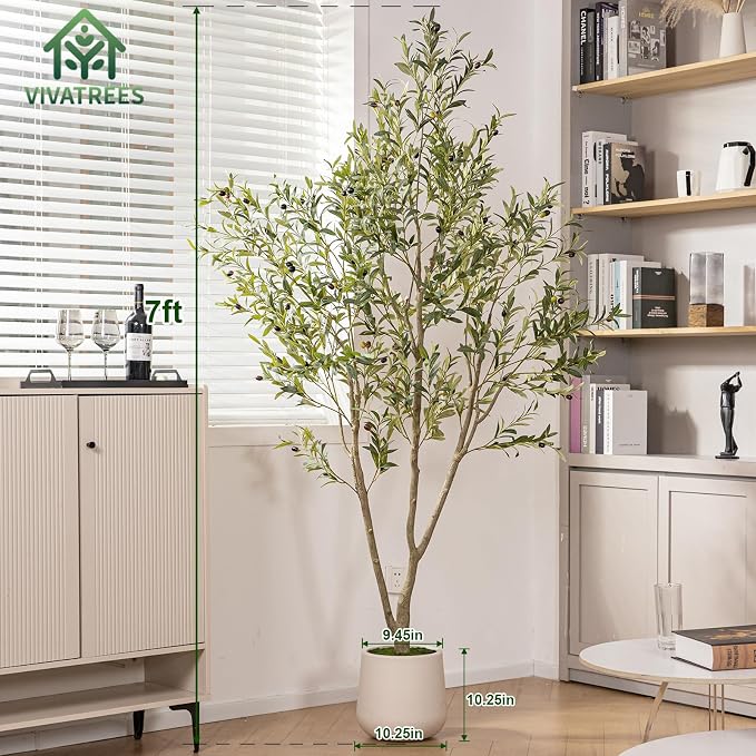 VIVATREES Olive Trees Artificial Indoor, 7FT Tall Faux Olive Tree with White Tall Planter, Artificial Plants with Natural Wood Trunk and Lifelike Fruits for Home Office Decor