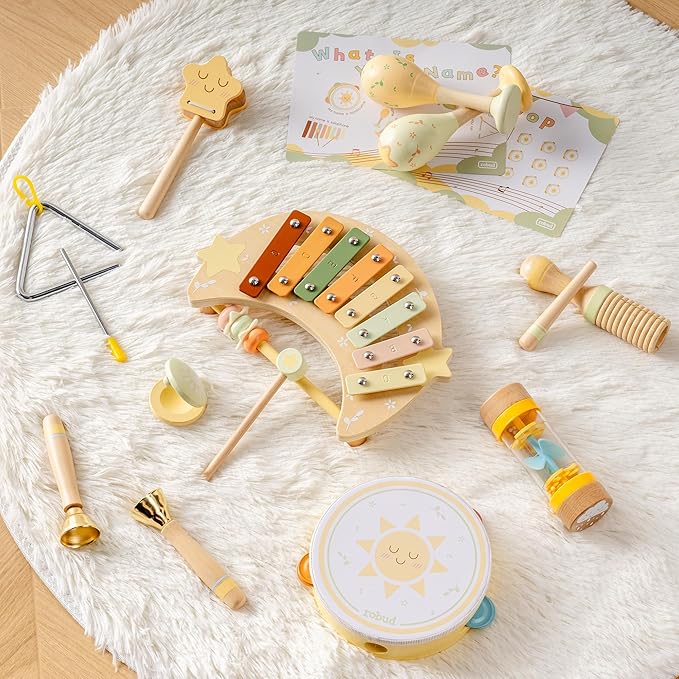 ROBUD Toddler Musical Instruments, Montessori Wooden Baby Musical Toys, Neutral Colors Musical Toys for Toddlers 1-3, Educational Percussion Set, for Boys and Girls(Star and Moon Theme)