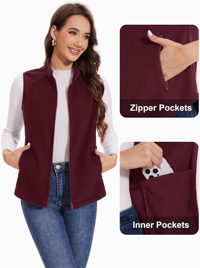 MAGCOMSEN Women's Fleece Vest with Zipper Pockets Zip Up Sleeveless Jackets Lightweight Soft Warm Polar Vest Outerwear