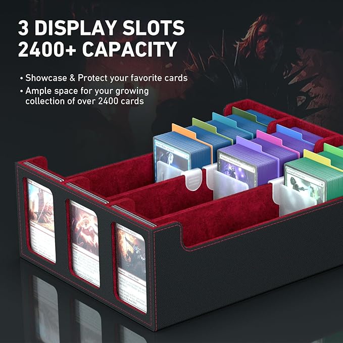 3-Row Trading Card Storage Box, Bulk Cards Case for 2400+ Mtg tcg Magic Playing Game Card Organizer, Commander Deck Box with 3 Supports & 24 Dividers