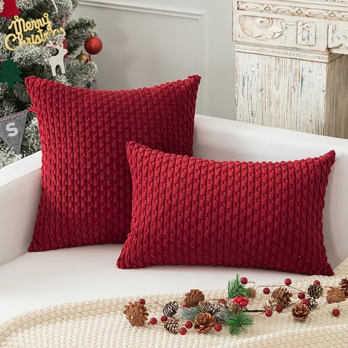 Kevin Textile Soft Corduroy 12"x24" Lumbar Pillow Cover 1 Pack, Burgundy | Boho Stripe Plush Corduroy Decorative Oblong Cushion Cover Modern Farmhouse Home Decor for Sofa Couch Bed Chair